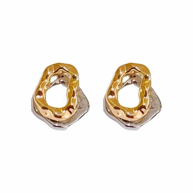 前方大荒野 金银双环耳饰不规则几何造型一款两戴独特个性简约时尚小众设计轻奢高级感时髦精致小巧日常百搭 合金 耳钉 女款