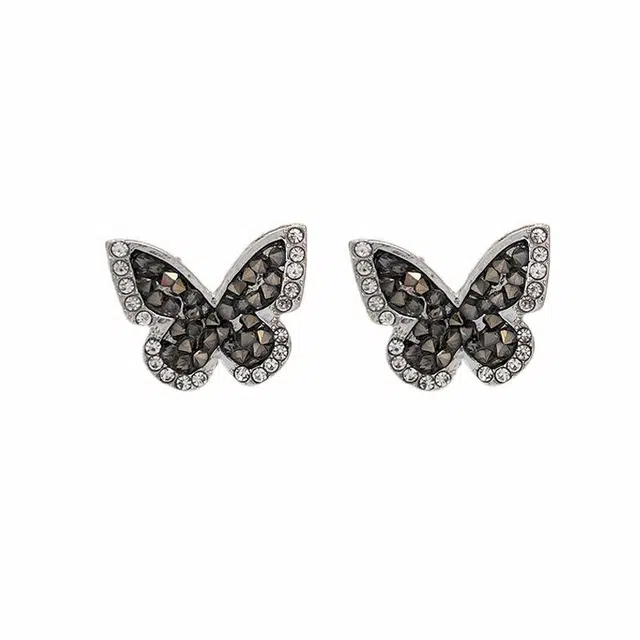 前方大荒野 亮黑碎钻蝴蝶耳饰森系梦幻迷人甜美可爱浪漫银边镶钻轻奢高级感时尚设计精致日常通勤休闲百搭时髦个性 锆石 耳钉 女款