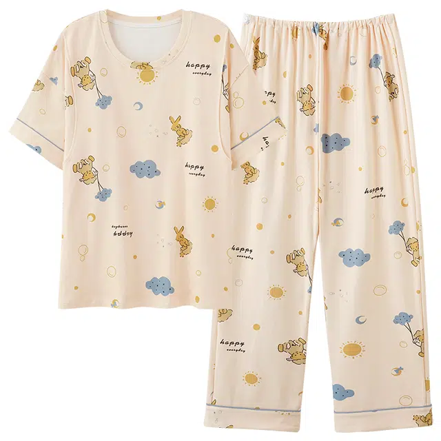 莫代尔 韩版舒适亲肤柔软轻盈透气休闲微弹圆领短袖长裤时尚家居月子服可外穿睡衣套装 女款 杏色