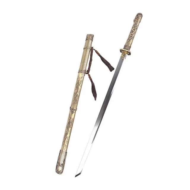 天子剑 金龙唐横刀 一体黄铜装百炼花纹钢刃长刀 龙泉兵器收藏未开刃 成品模型