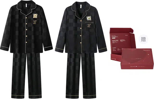 宫蝶 冰丝长袖家居服简约棋盘格可外穿睡衣套装 男女同款 两套