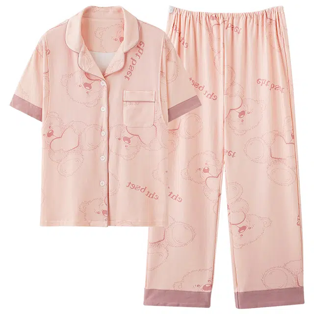 莫代尔 简约韩版舒适亲肤气质柔软轻盈透气大码短袖长裤时尚家居产前产后月子服可外穿睡衣套装 女款 桃色