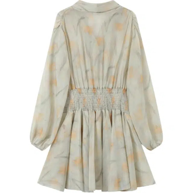 古莲菲 碎花领度假风休闲百搭长袖连衣裙 女款 草绿色