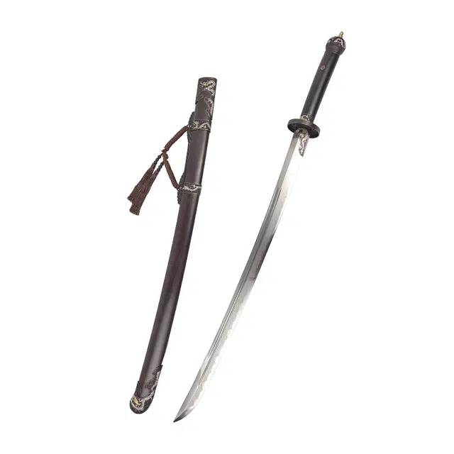 天子剑 飞龙雁翎刀 花纹钢刃长刀鎏金银铜装黑檀木鞘 龙泉兵器未开刃 成品模型