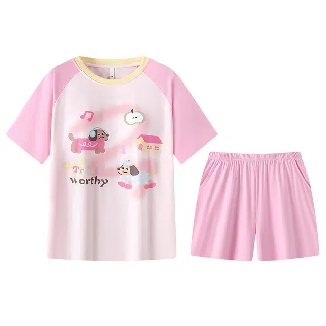 宫蝶 腊肠狗短袖可外穿卡通家居服休闲宽松睡衣套装 女款 粉色
