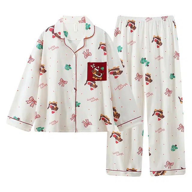 俞兆林 可爱狗卡通翻领柔软舒适棉质休闲长袖长裤睡衣套装 女款 杏色