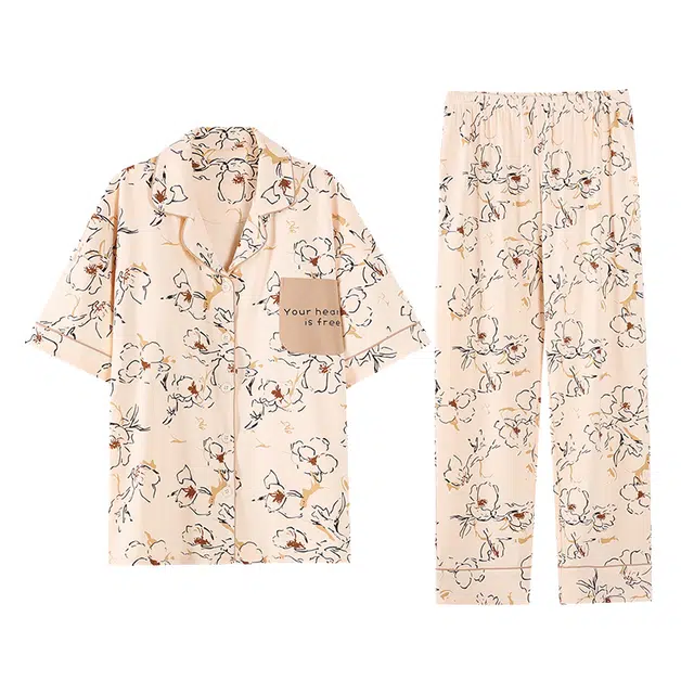 俏薇妮 简约纯色柔软时尚碎花高级感带胸垫短袖长裤家居服休闲宽松舒适凉爽透气可外穿睡衣套装 女款 橙色