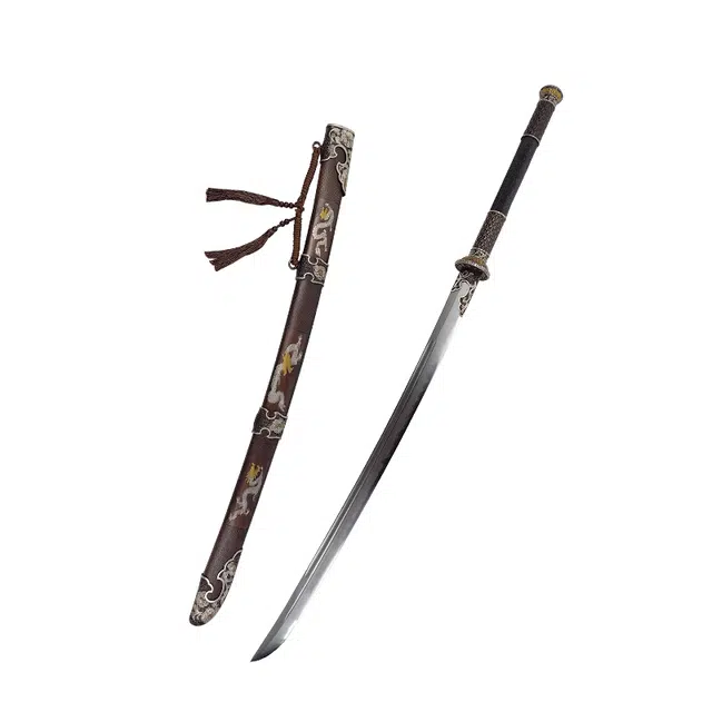 天子剑 破军雁翎刀 百炼钢覆土烧刃长刀剑鎏金银装黄铜鱼皮鞘 龙泉兵器收藏未开刃 成品模型