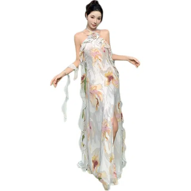 水中花 漫步丛林浪漫荷叶边艺术印花挂脖度假仙女长裙吊带连衣裙  女款