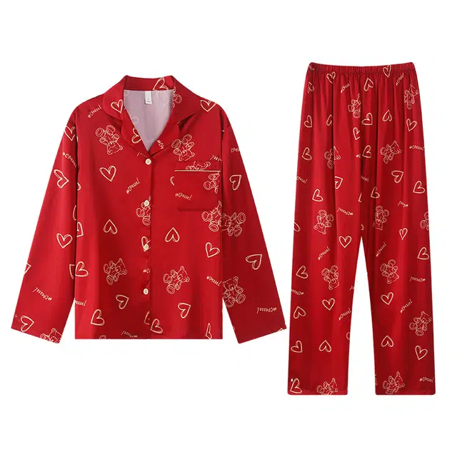 俏薇妮 简约纯色柔软喜庆冰丝爱心高级感长袖长裤家居服宽松舒适休闲透气可外穿春秋睡衣套装 男款 红色