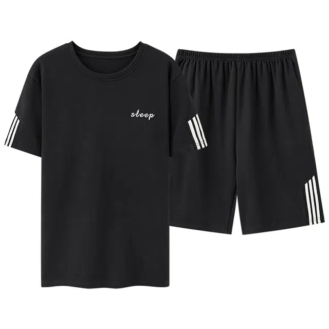 莫代尔 透气舒适经典圆领套头无束缚短袖柔软亲肤不易起球居家服可外穿睡衣套装 男款 黑色