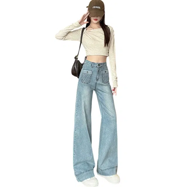 水中花 百搭设计感阔腿通勤舒适牛仔裤 女款