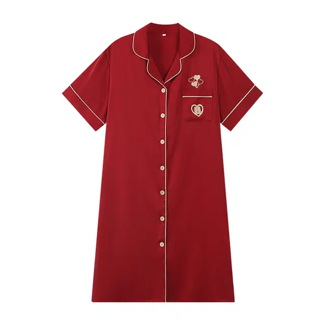 俏薇妮 简约纯色冰丝柔软喜庆时尚高级感短袖家居服休闲宽松舒适凉爽透气可外穿睡裙 女款 红色