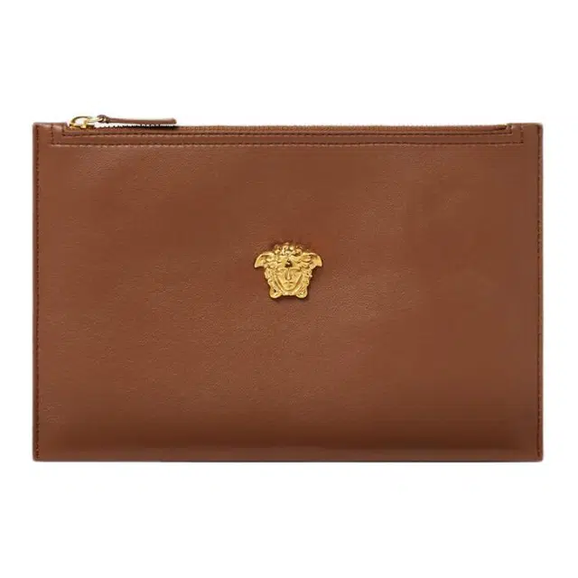 范思哲 金色美杜莎标志 牛皮 手拿包 常规 女款 棕色