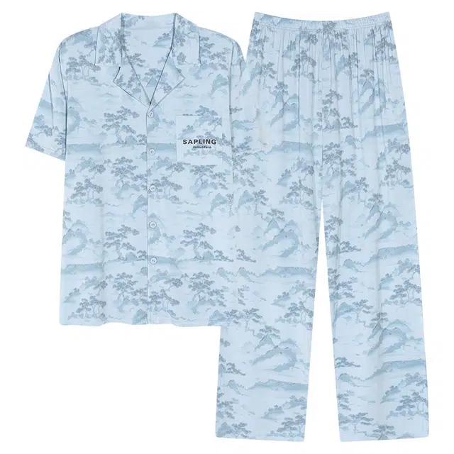 莫代尔 透气休闲微弹简约舒适开衫睡衣套装 男款 蓝色
