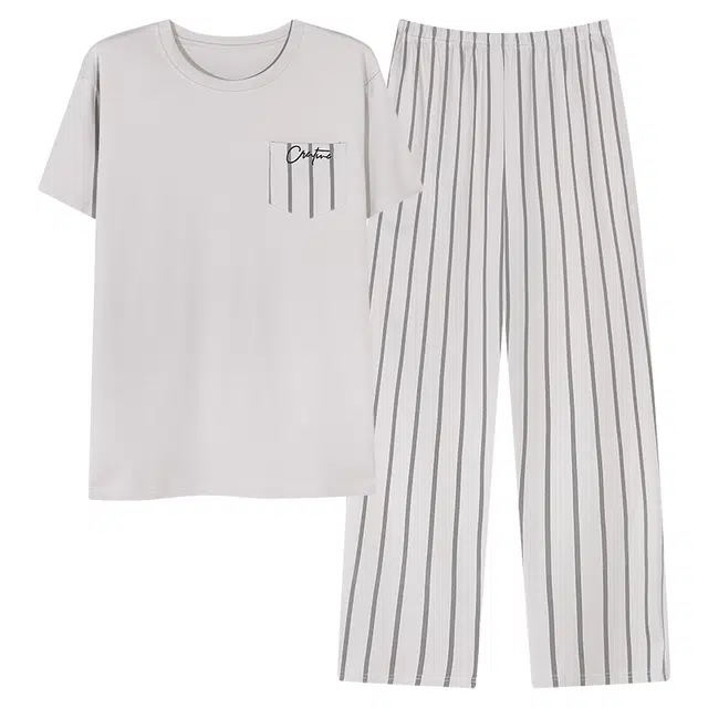 好福份 舒适简约短袖长裤条纹家居服睡衣套装 男款 图片色
