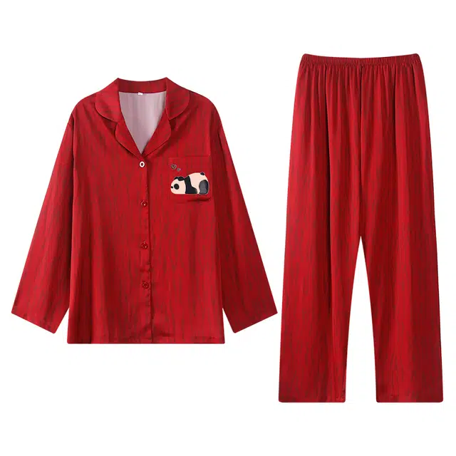 俏薇妮 简约纯色柔软喜庆冰丝古风高级感长袖长裤家居服宽松舒适休闲透气可外穿春秋睡衣套装 男款 红色