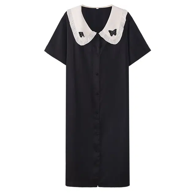 俏薇妮 简约纯色冰丝柔软时尚优雅高级感短袖家居服休闲宽松舒适凉爽透气可外穿睡裙 女款 黑色