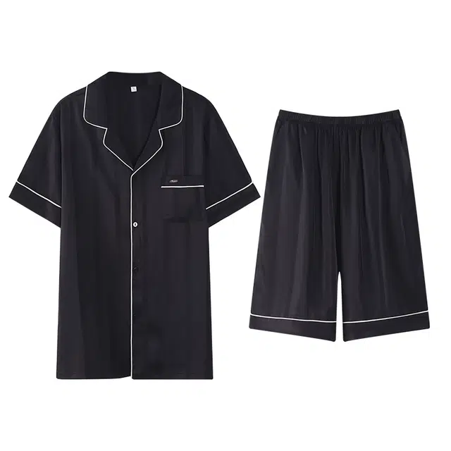 俏薇妮 简约纯色柔软时尚优雅高级感短袖短裤家居服休闲宽松舒适凉爽透气可外穿睡衣套装 男款 黑色