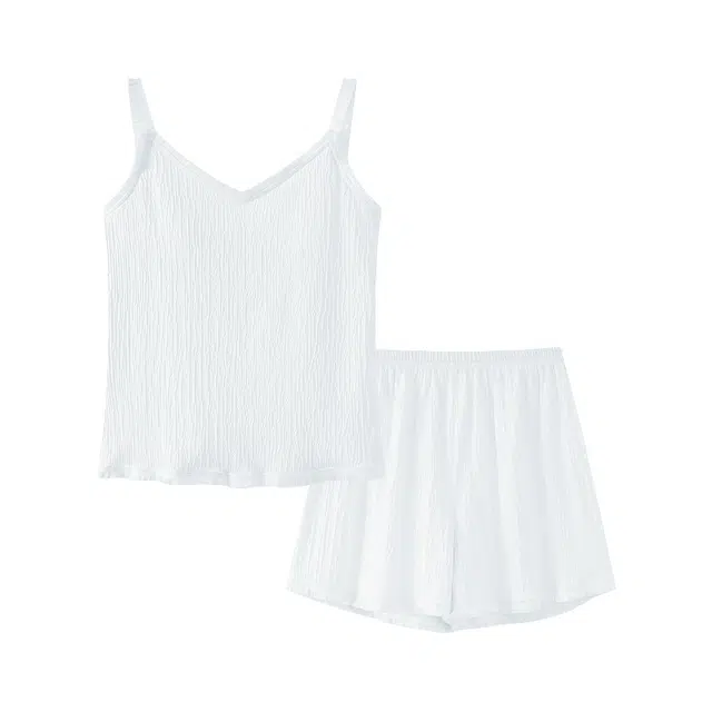 莫代尔 百搭细腻带胸垫防凸点吊带上衣家居服可外穿三分裤夏季睡衣套装 女款 白色