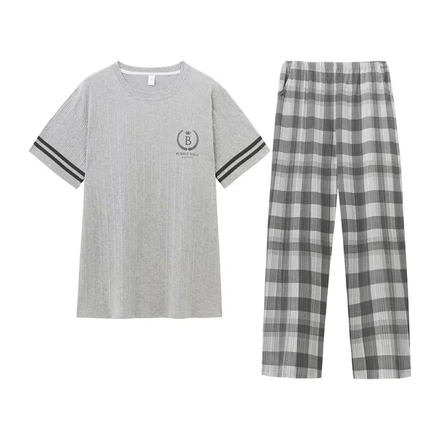 好福份 圆领舒适简约短袖长裤睡衣套装 男款 图片色