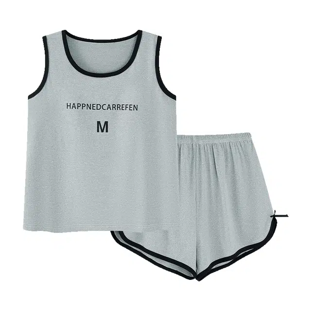 莫代尔 可外穿轻薄时尚清新柔软微弹舒适简约透气圆领带杯垫防凸点无袖家居服睡衣套装 女款 灰色