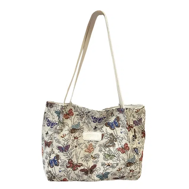 奥松 百搭高级感七彩蝴蝶刺绣通勤 帆布 帆布包单肩包 女款 黑色/白色