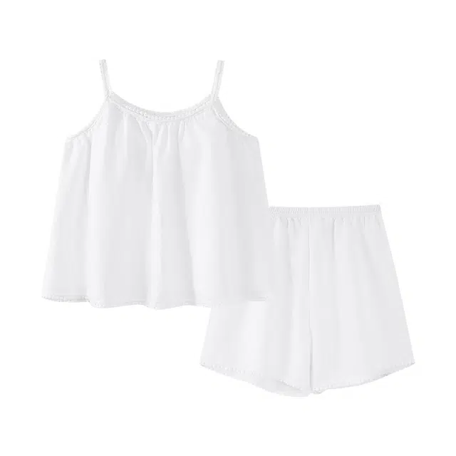 莫代尔 休闲舒适轻盈透气带胸垫防凸点无袖短裤夏季睡衣套装 女款 白色