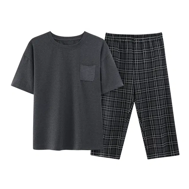 乐姿韵 纯色口袋圆领简约短袖七分裤舒适透气睡衣套装 女款 深灰色