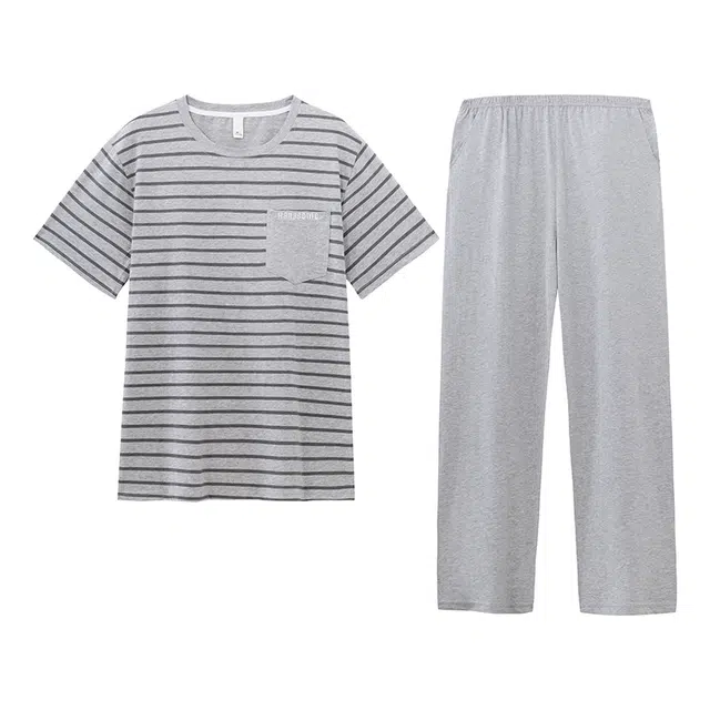 好福份 条纹纯棉短袖长裤可外穿家居服睡衣套装 男款 图片色