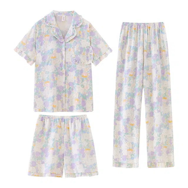 俞兆林 日系碎花胸垫高级感短袖长裤萌宠小熊少女风可外穿睡衣套装 女款 紫色