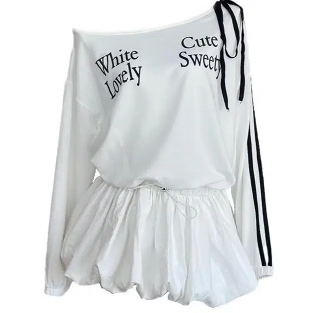 玉儿恋 辣妹法式斜肩显瘦修身蝴蝶结简约舒适风时尚长袖连衣裙 女款 纯净白色