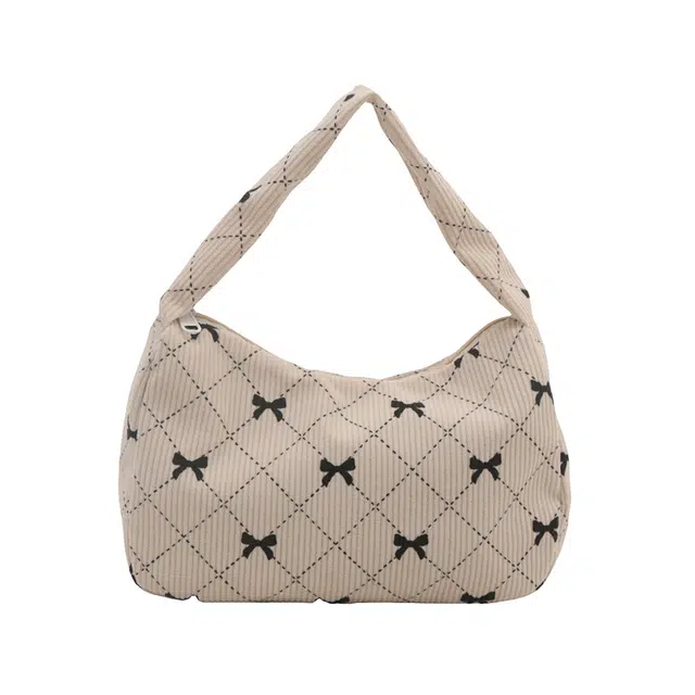 奥松 百搭韩版灯芯绒菱格蝴蝶结腋下包小众高颜值百搭手拎包 绒布 单肩包 男女同款情侣款 米白色/灰色