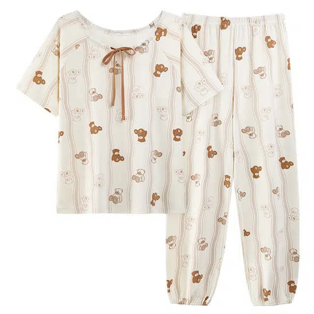 俞兆林 可爱小熊卡通波浪纹圆领短袖长裤舒适可外穿睡衣套装 女款 杏色