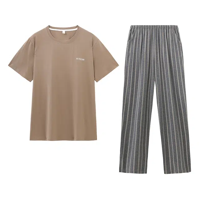 好福份 凉感条纹简约短袖长裤睡衣套装 男款 图片色