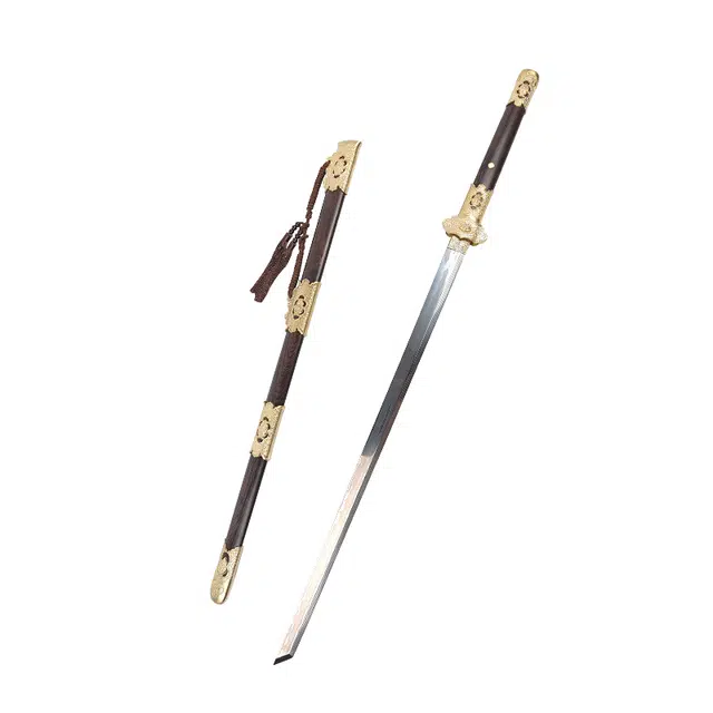 天子剑 兽面卷草唐横刀 镜面研磨长刀剑黑檀木鞘黄铜装 成品模型