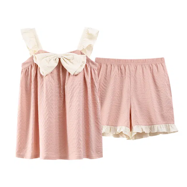 乐姿韵 柔软舒适带胸垫甜美蝴蝶结无袖短裤睡衣套装 女款 粉色