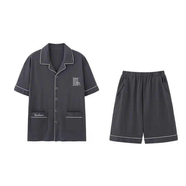 怀尔蔚 纯色翻领短袖上衣家居服可外穿舒适五分裤睡衣套装 男款 图片色