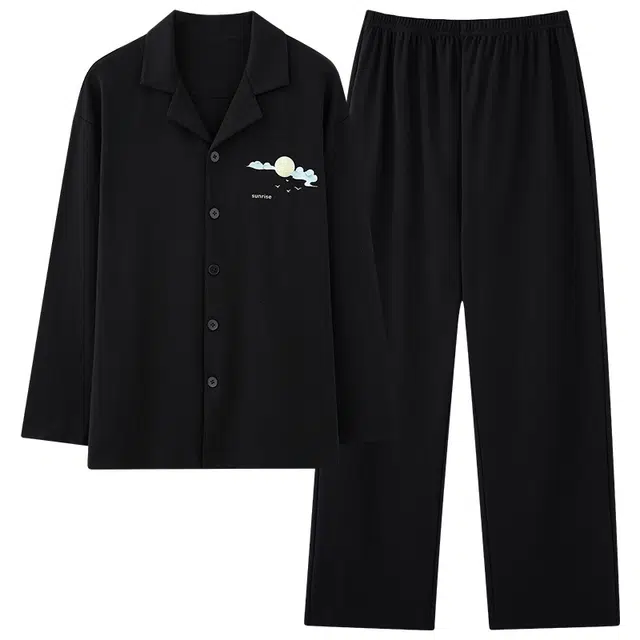 俏霓桐 时尚简约翻领长袖长裤家居服可外穿睡衣套装 男款 图色