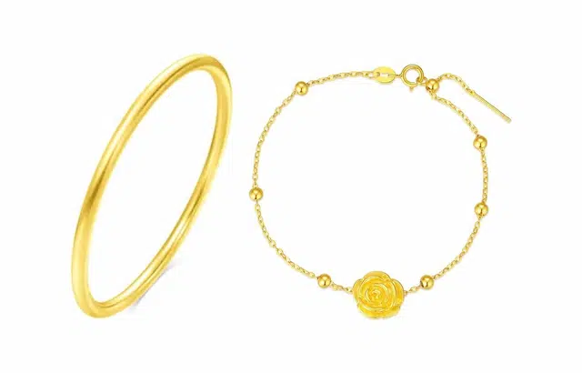 尚银福 玫瑰花素圈系列 国潮新中式时尚优雅气质轻奢高级感 简约小众创意设计百搭锁骨链繁花似锦手饰套装 好运 合金 手镯 女款