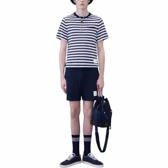 THOM BROWNE Linen Jersey Short Sleeve Striped Pocket Tee T