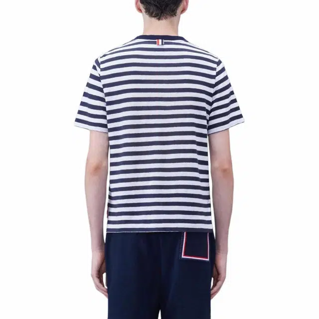 THOM BROWNE Linen Jersey Short Sleeve Striped Pocket Tee T