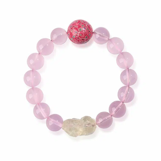 谧月珠宝 桃花朵朵 新中式国潮招财纳福大漆珠转运貔貅粉晶黄晶小众创意设计高级感百搭旺桃花好运 水晶 手串 男女同款情侣款