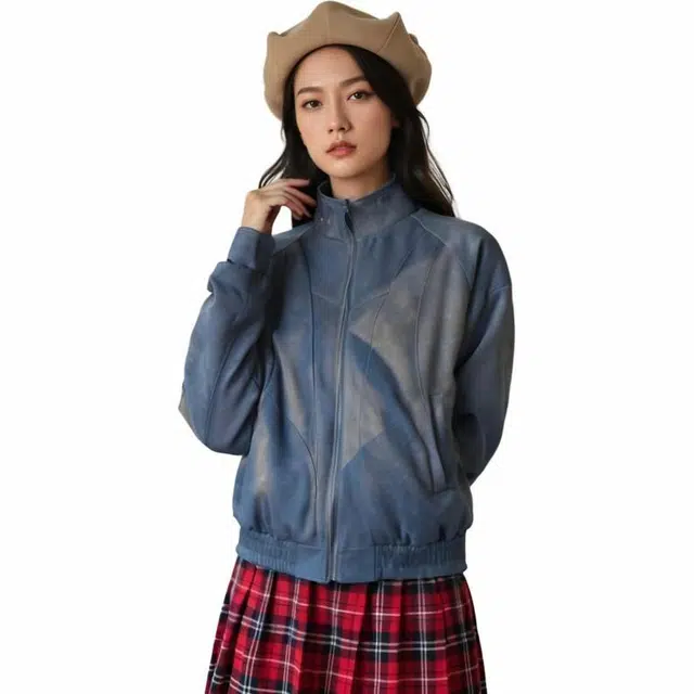 雅鹿 美式复古纯色飞行运动休闲宽松防风立领机车长袖拉链皮质夹克外套 男女同款