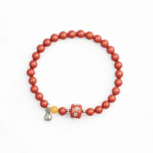 仙源 六字真言镶银钱袋招财进宝新中式文玩水逆退去单圈好运 再造辰砂朱砂 手串 男女同款情侣款