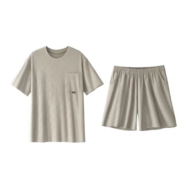 森马 宅度假系列 千层画眷简约透气家居服圆领可外穿宽松落肩纯色休闲舒适简约耐磨肌理感短袖五分裤睡衣套装 男款