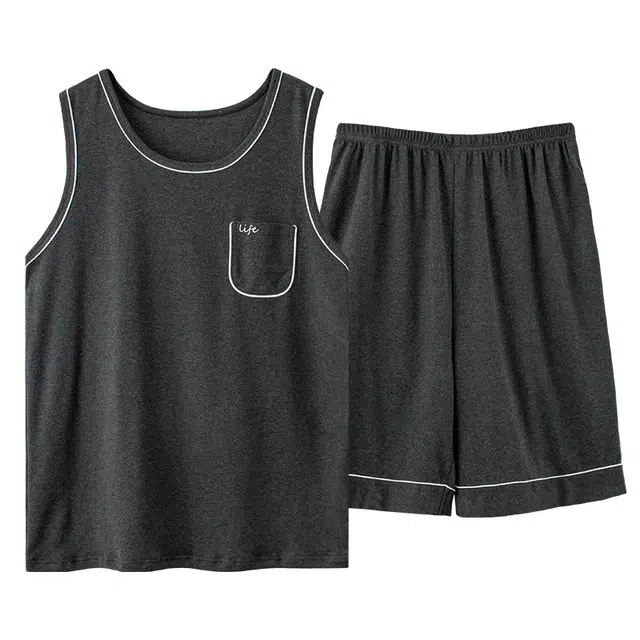 莫代尔 韩版大学生时尚透气不闷亲肤微弹舒适柔软简约少年感休闲无袖背心短裤宿舍可外穿睡衣套装 男款 灰色