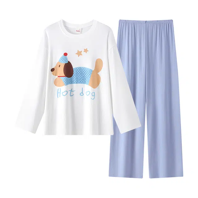 俞兆林 柔软透气简约卡通圆领舒适长袖长裤家居服睡衣套装 女款 白色