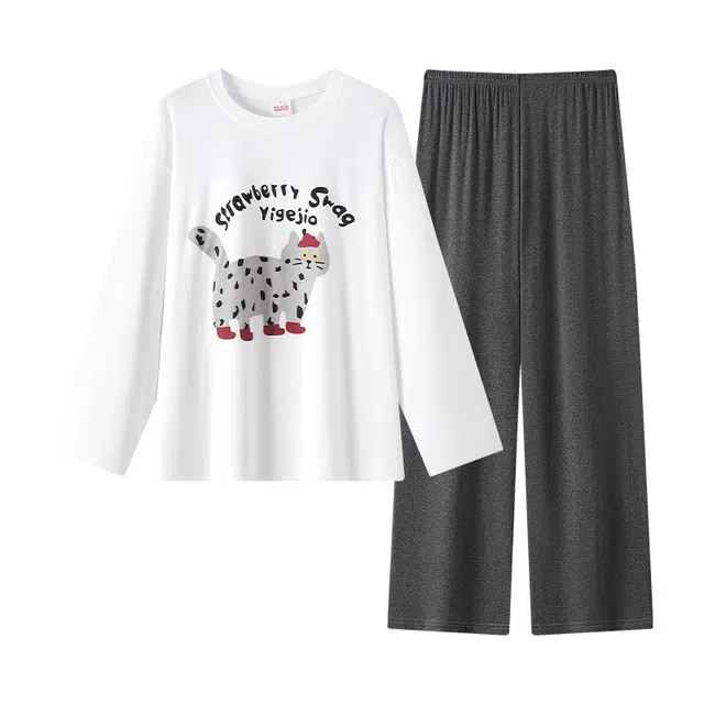 俞兆林 简约卡通圆领亲肤柔软长袖长裤舒适家居服睡衣套装 女款 白色