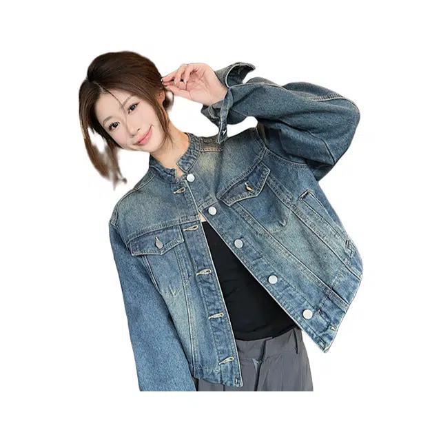 思蓓儿 韩版港风宽松设计感短款小众夹克上衣牛仔外套 女款 牛仔蓝